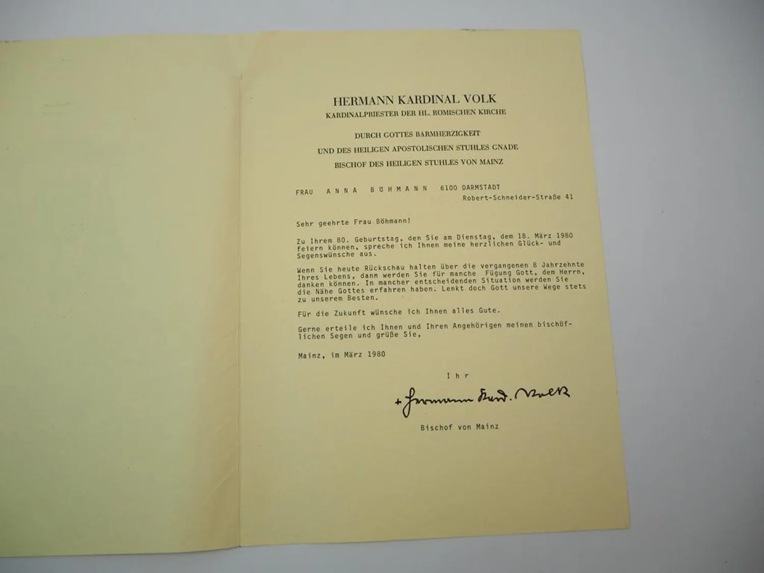 Karte mit Unterschrift Kardinal Volk Bischof von Mainz 1980