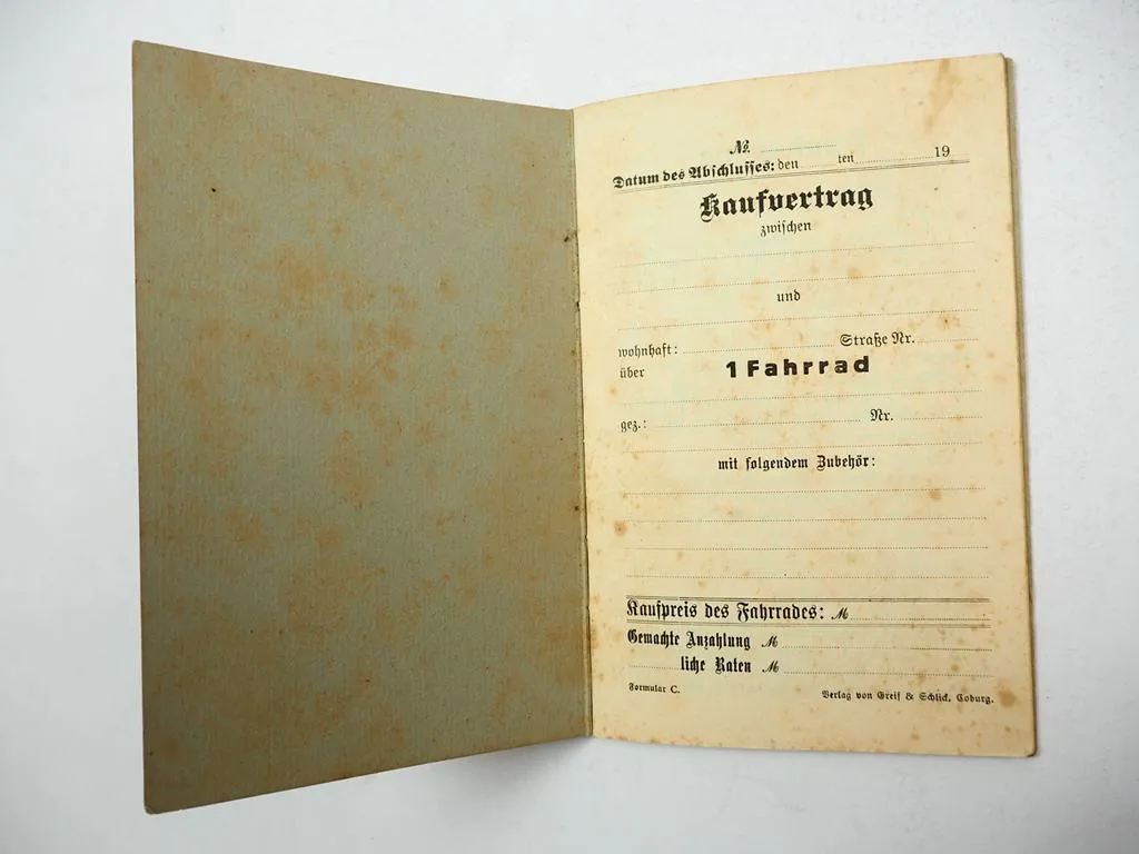 Kaufvertrag Blanko Formular für Fahrrad ca. 1920 Greif & Schlick Coburg