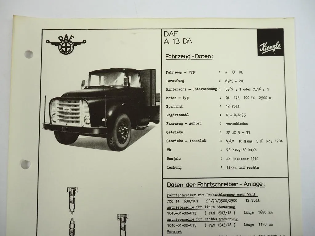 Kienzle Fahrtschreiber-Anlage für DAF Busse LKW 1966 Techn. Daten