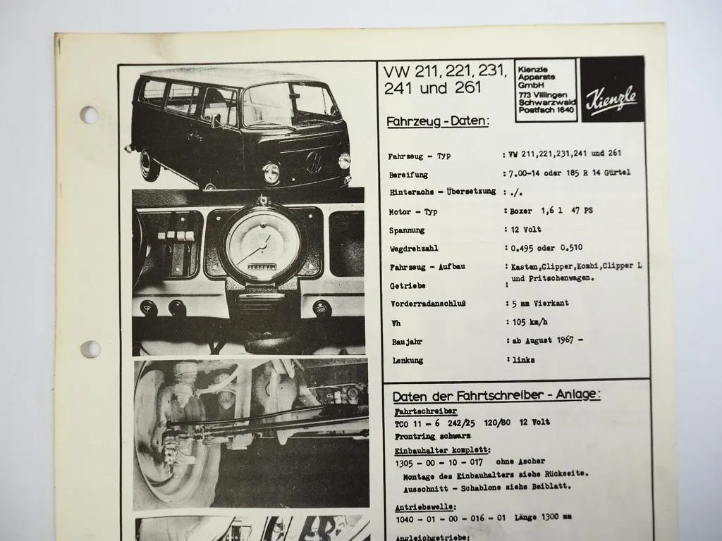 Kienzle Fahrtschreiber-Anlage für VW 1500 1600 Käfer T1 T2 1969 Techn. Daten
