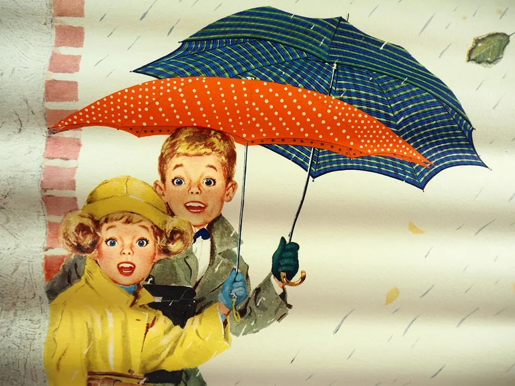 Kinder mit Regenschirm Schule Werbung Original Plakat 1960er Jahre