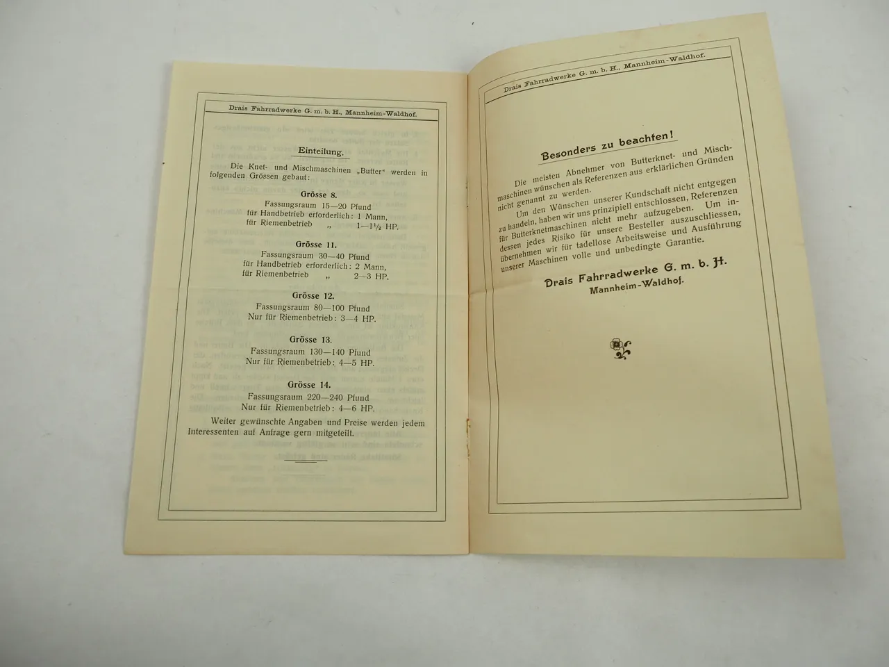 Knetmaschine für Butter Prospekt ca 1900 Drais Werke Mannheim Waldhof