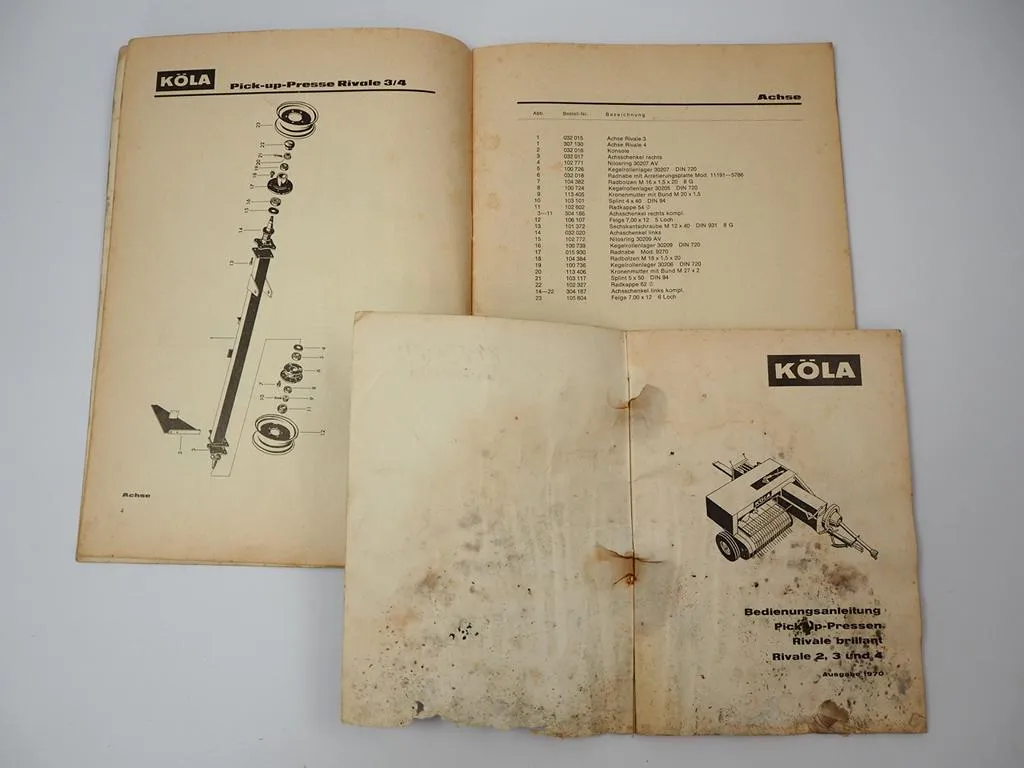 Köla Rivale 3 4 Pickup Presse Betriebsanleitung Ersatzteilliste 1970