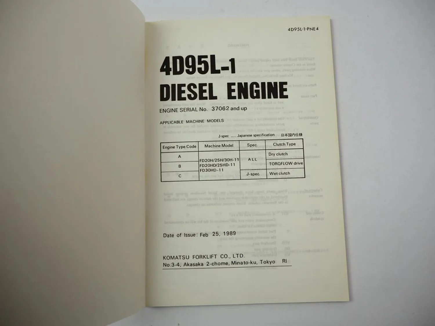 Komatsu 4D95L-1 Diesel Engine FD 20 25 30 H HD -11 Forklift Parts Book 1989