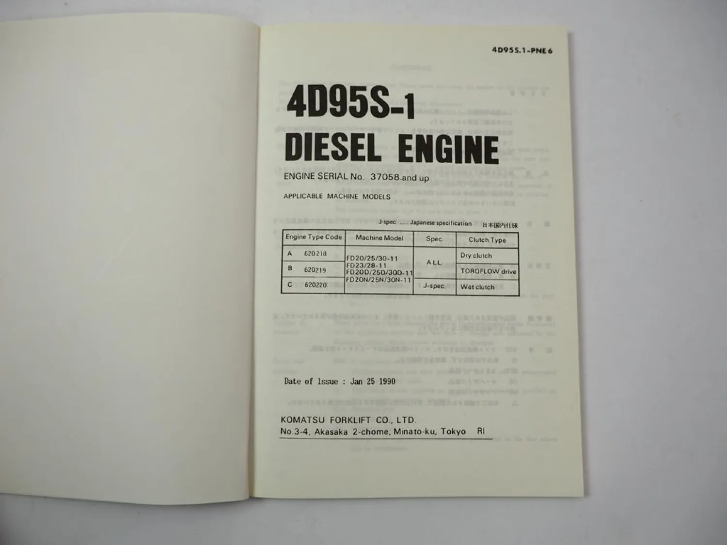 Komatsu 4D95S-1 Diesel Engine FD 20 23 25 28 30 -11 Forklift Parts Book 1990