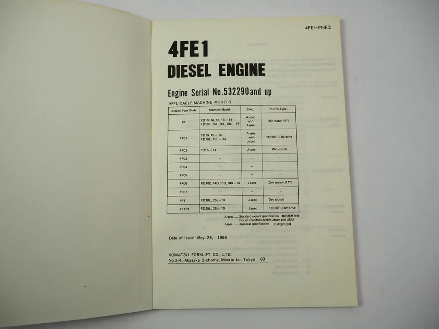 Komatsu 4FE1 Diesel Engine FD 10 14 15 18 L -14 Forklift Parts Book 1986