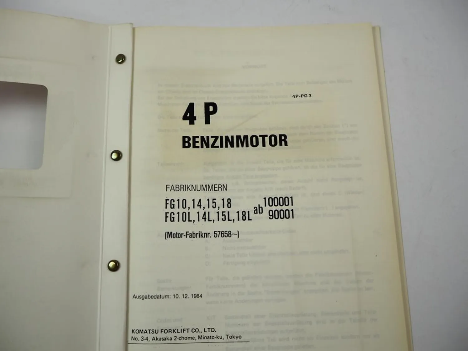 Komatsu 4P Benzinmotor für FG 10 14 15 18 L Gabelstapler Ersatzteilliste 1984