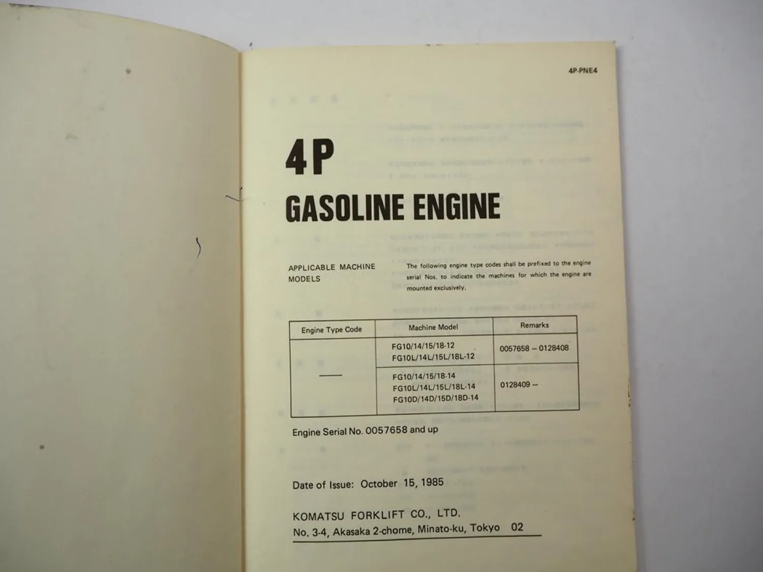Komatsu 4P Gasoline Engine FG 10 14 15 18 L D -12 -14 Forklift Parts Book 1985