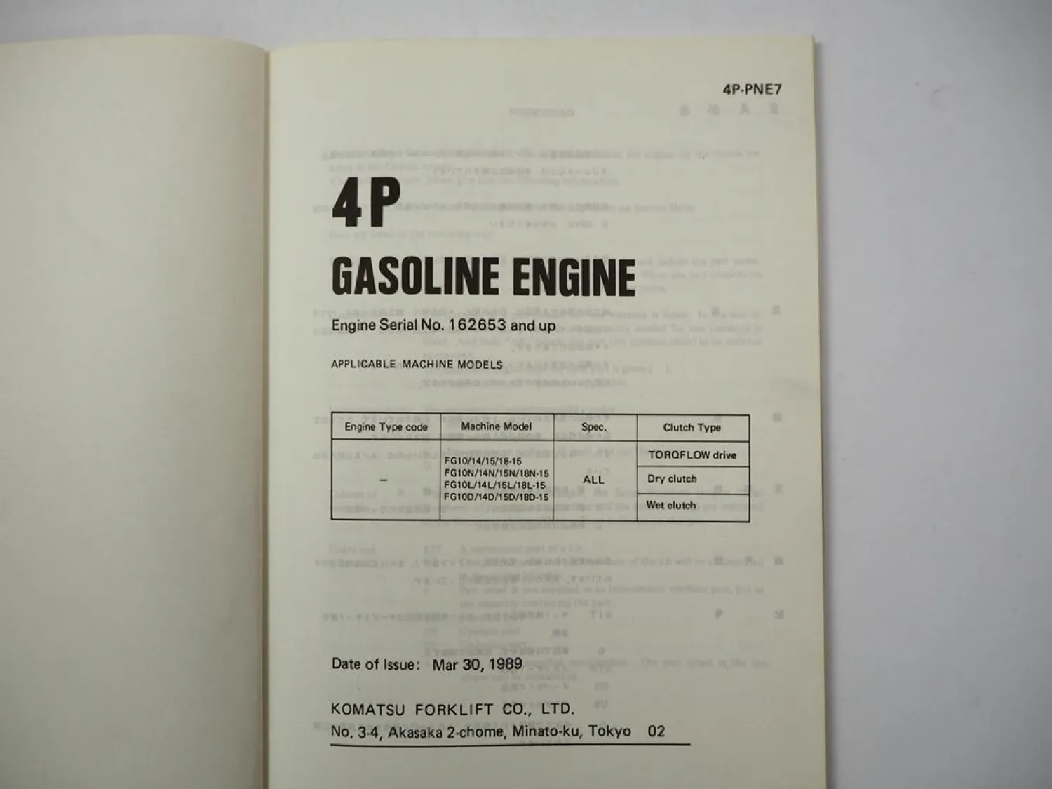 Komatsu 4P Gasoline Engine FG 10 14 15 18 N L D -15 Forklift Parts Book 1989
