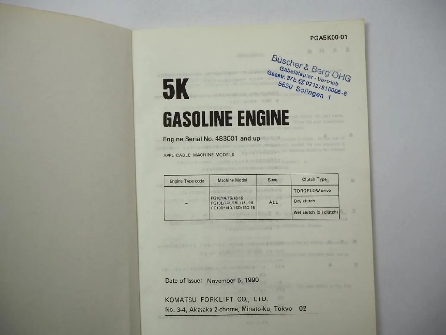 Komatsu 5K Gasoline Engine FG 10 14 15 18 L D -15 Forklift Parts Book 1990
