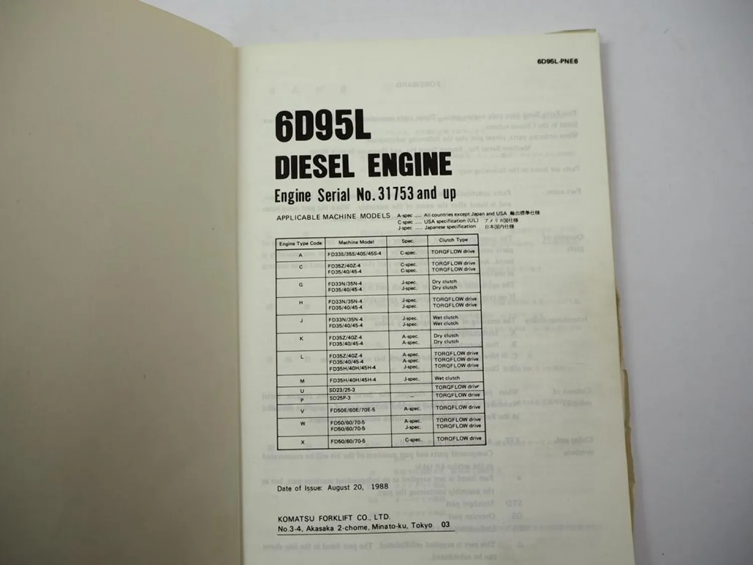 Komatsu 6D95L Diesel Engine FD 33 35 40 45 -4 50 60 70 -5 Forklift Parts Book 88