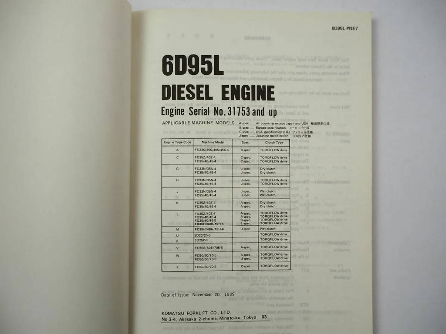 Komatsu 6D95L Diesel Engine FD 33 35 40 45 -4 50 60 70 -5 Forklift Parts Book 89