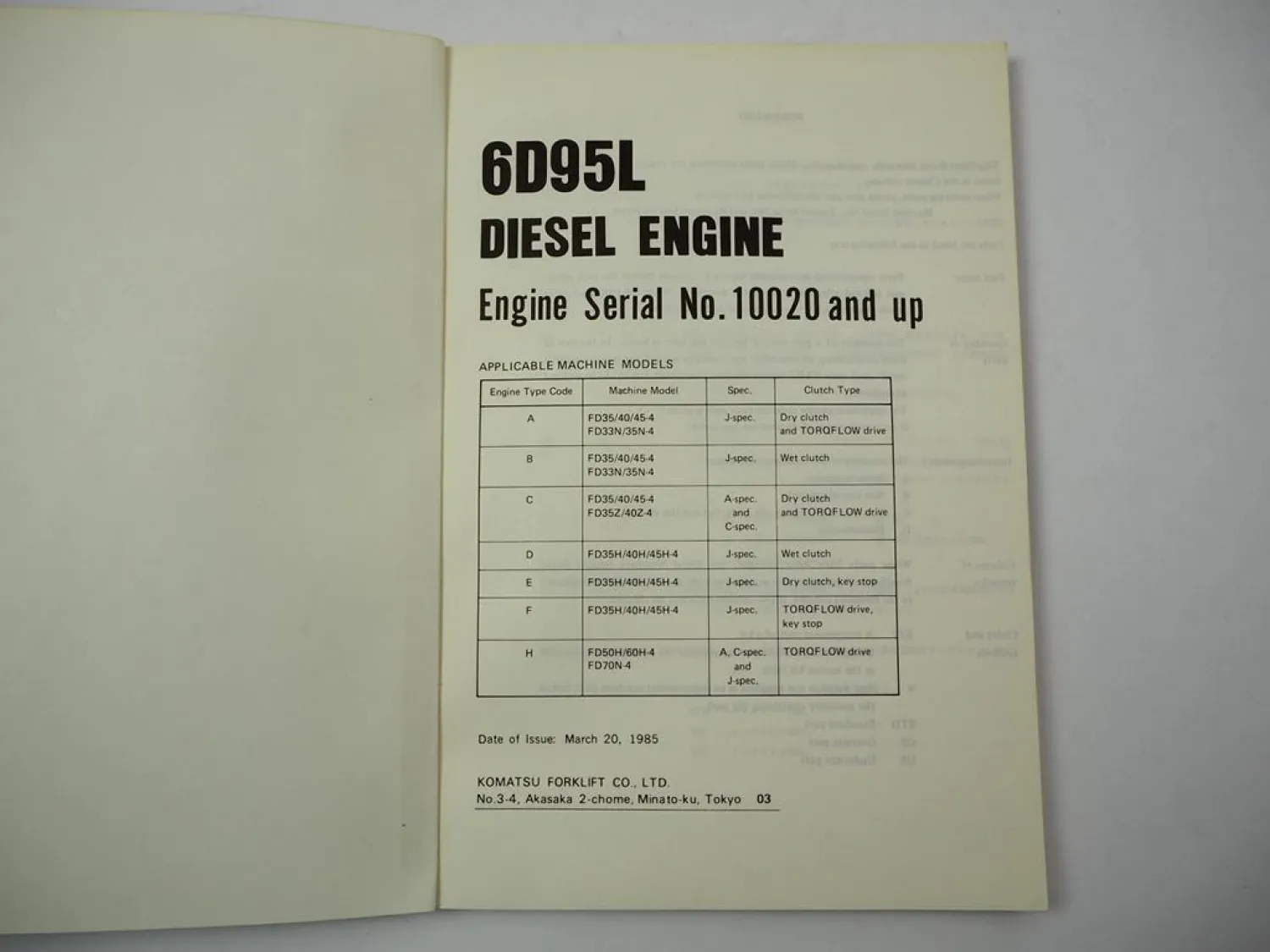 Komatsu 6D95L Diesel Engine FD 33 35 40 45 50 60 70 N Z H -4 Forklift Parts Book