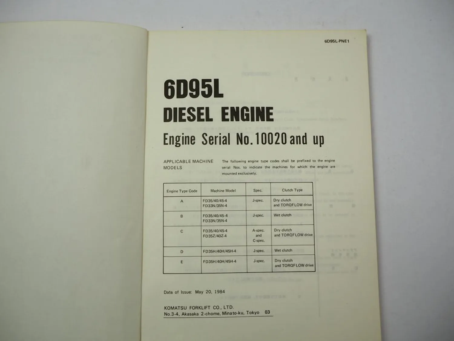 Komatsu 6D95L Diesel Engine FD 33 35 40 45 N Z H -4 Forklift Parts Book 1984