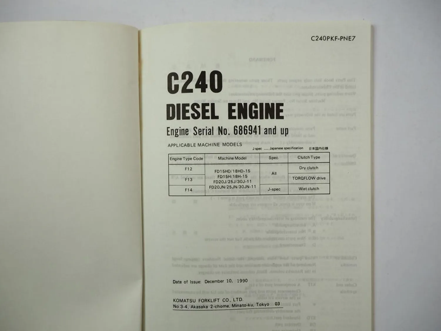 Komatsu C240 Diesel Engine FD 15 18 H HD 20 25 30 J JN Forklift Parts Book 1990