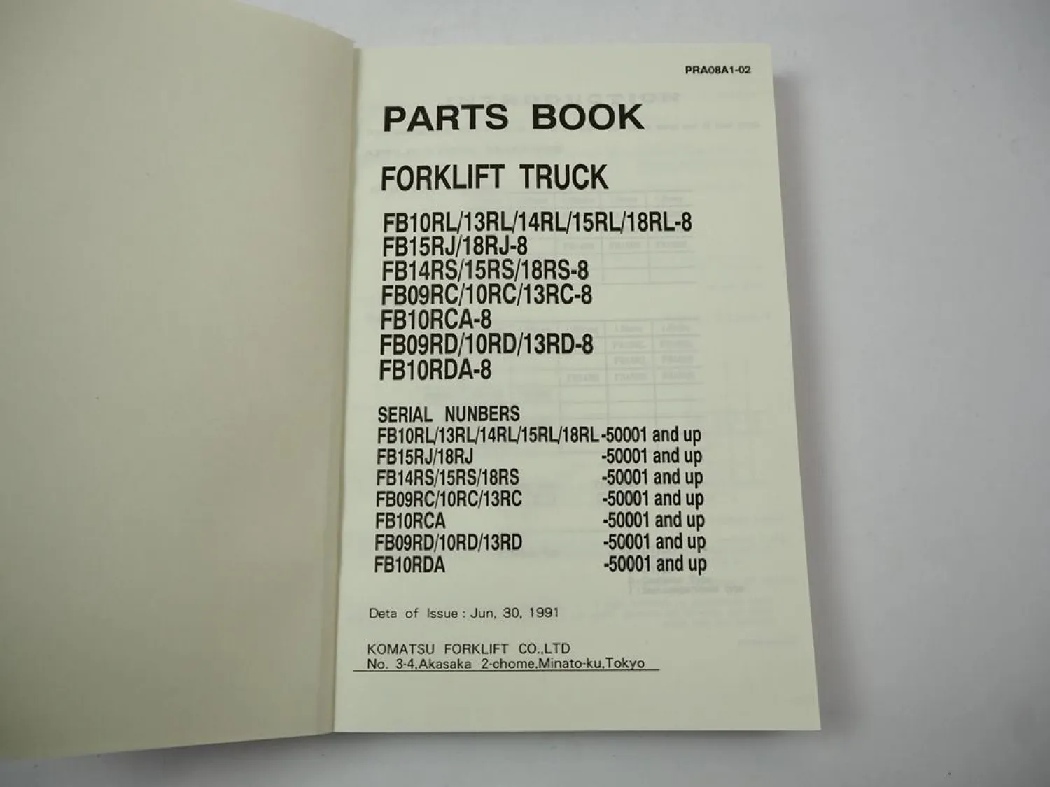 Komatsu FB 10 13 14 15 18 RL RJ RS RC RCA RD RDA -8 Forklift Parts List 1991