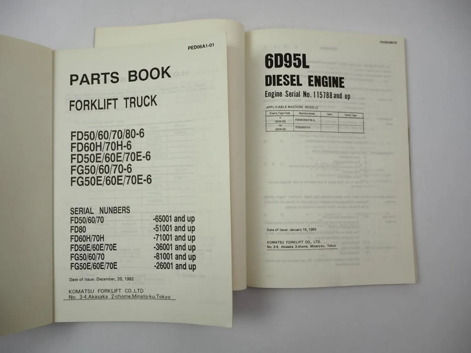 Komatsu FD 50 60 70 E -6 Forklift + Engine 6D95L Parts Book 1992 Ersatzteilliste