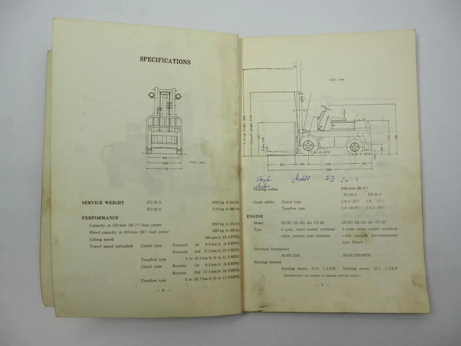 Komatsu FG FD 20 -5 Forklift Truck Operation Maintenance Manual 1969