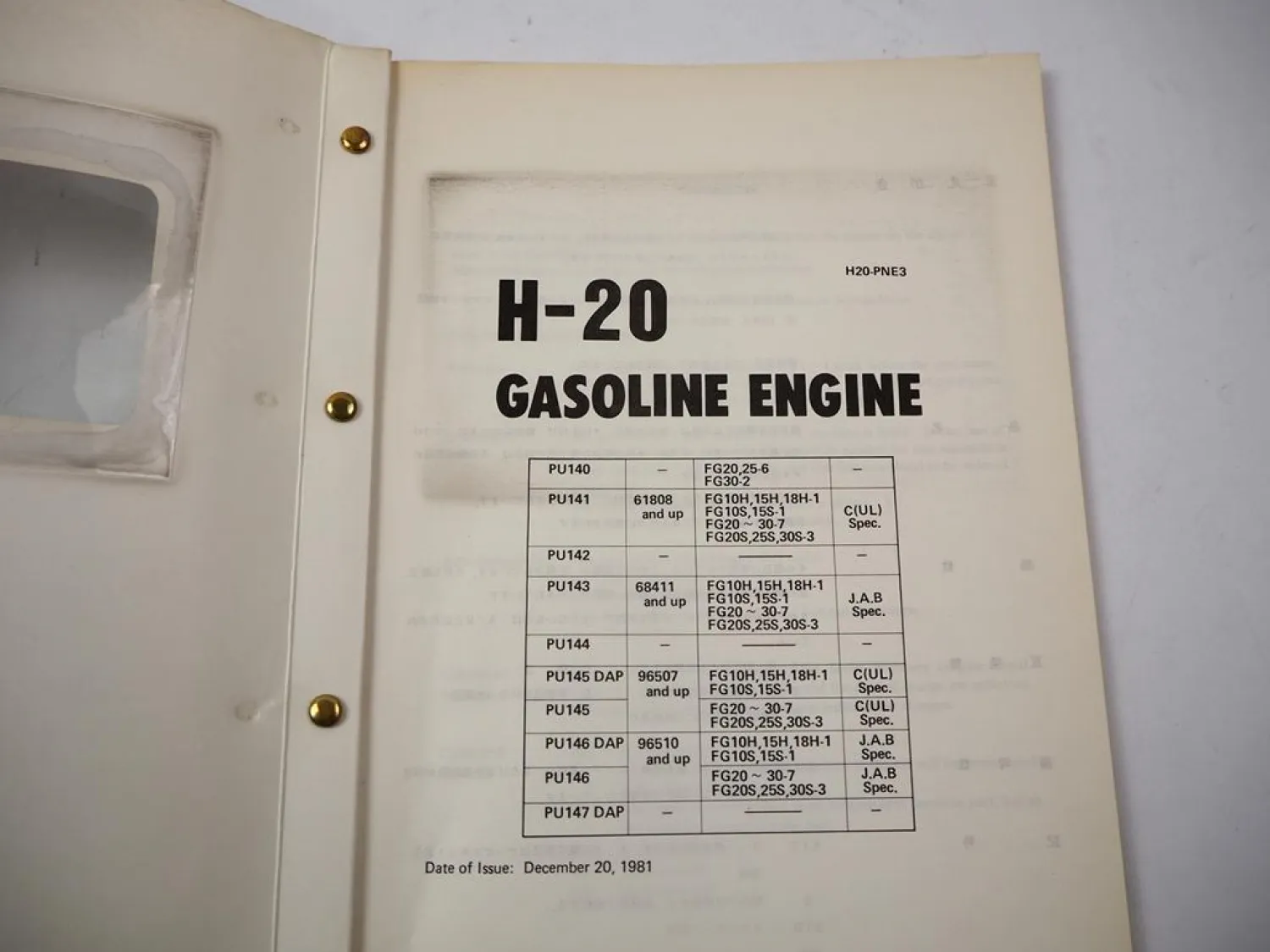 Komatsu H-20 H20 Gasoline Engine FG 10 15 18 20 25 30 Forklift Parts Book 1981