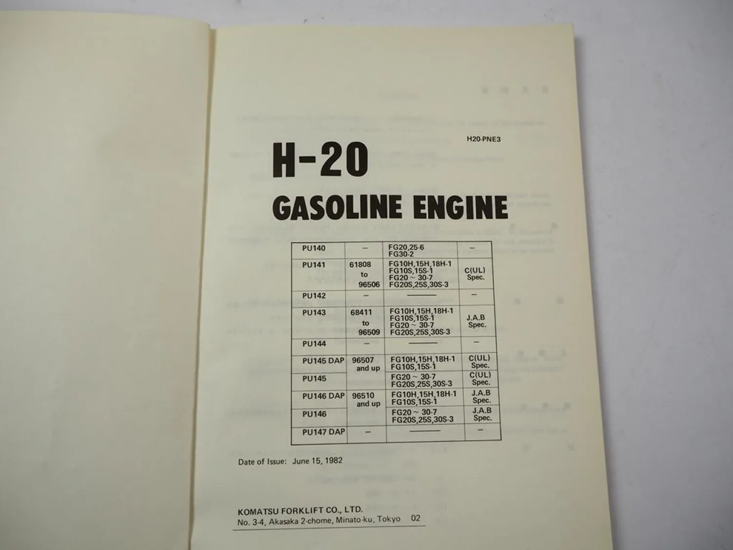 Komatsu H-20 H20 Gasoline Engine FG 10 15 18 20 25 30 Forklift Parts Book 1982