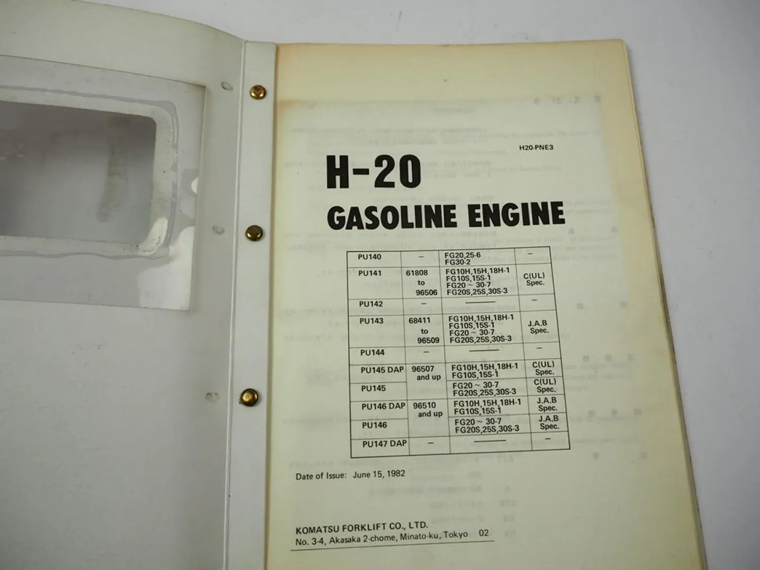 Komatsu H-20 H20 Gasoline Engine FG 10 15 18 20 25 30 H Forklift Parts Book 1982