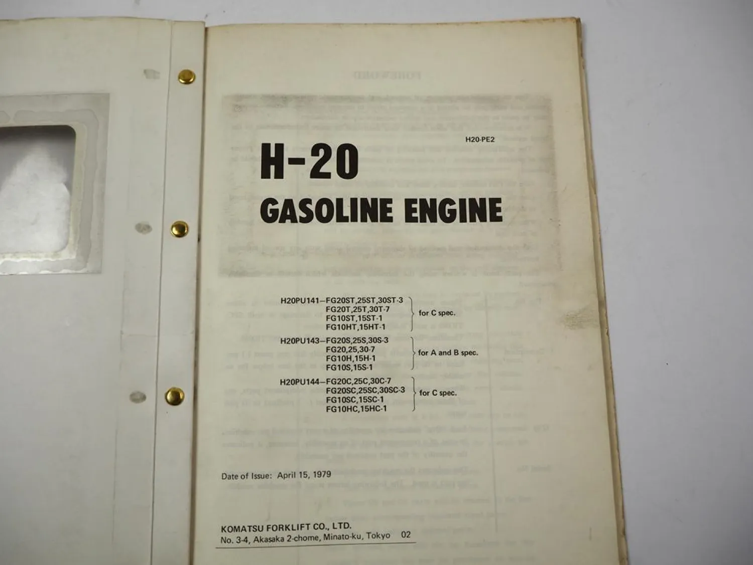 Komatsu H-20 H20 Gasoline Engine FG 10 15 20 25 30 H ST Forklift Parts Book 1979