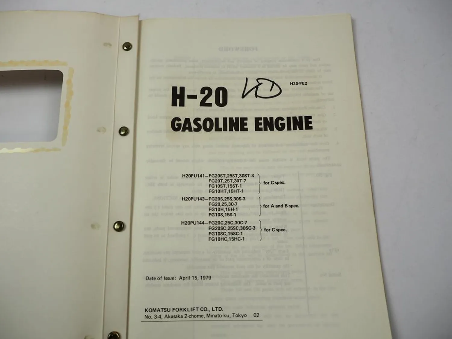 Komatsu H-20 H20 Gasoline Engine FG 10 15 20 25 30 T C Forklift Parts Book 1979