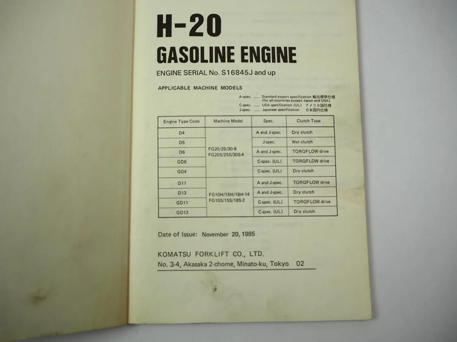 Komatsu H20 H-20 Gasoline Engine FG 10H 15H 18H 20 25 30 -8 Forklift Parts Book