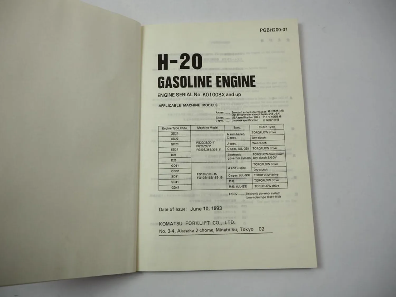Komatsu H20 H-20 Gasoline Engine FG 10S 15H 18H 20 23 25 30 Forklift Parts Book