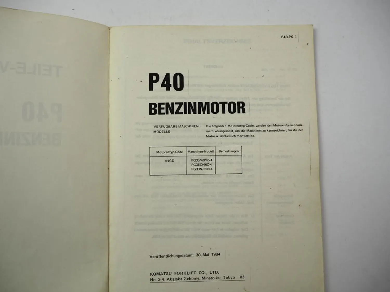 Komatsu P40 Benzin Motor FG 33 35 40 45 N Z -4 Gabelstapler Ersatzteilliste 1984