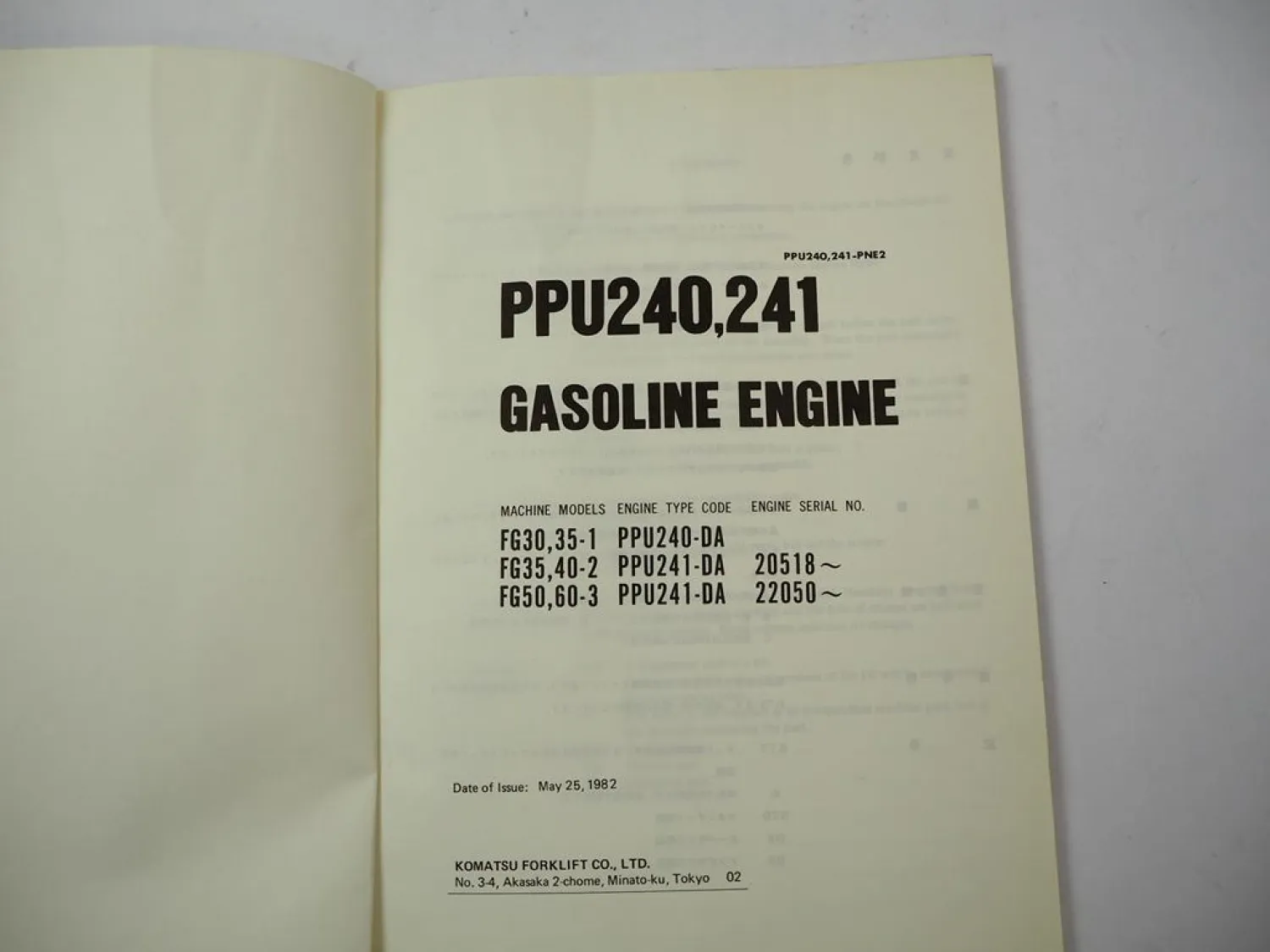 Komatsu PPU 240 241 Gasoline Engine FG 30 35 40 50 60 Forklift Parts Book 1982