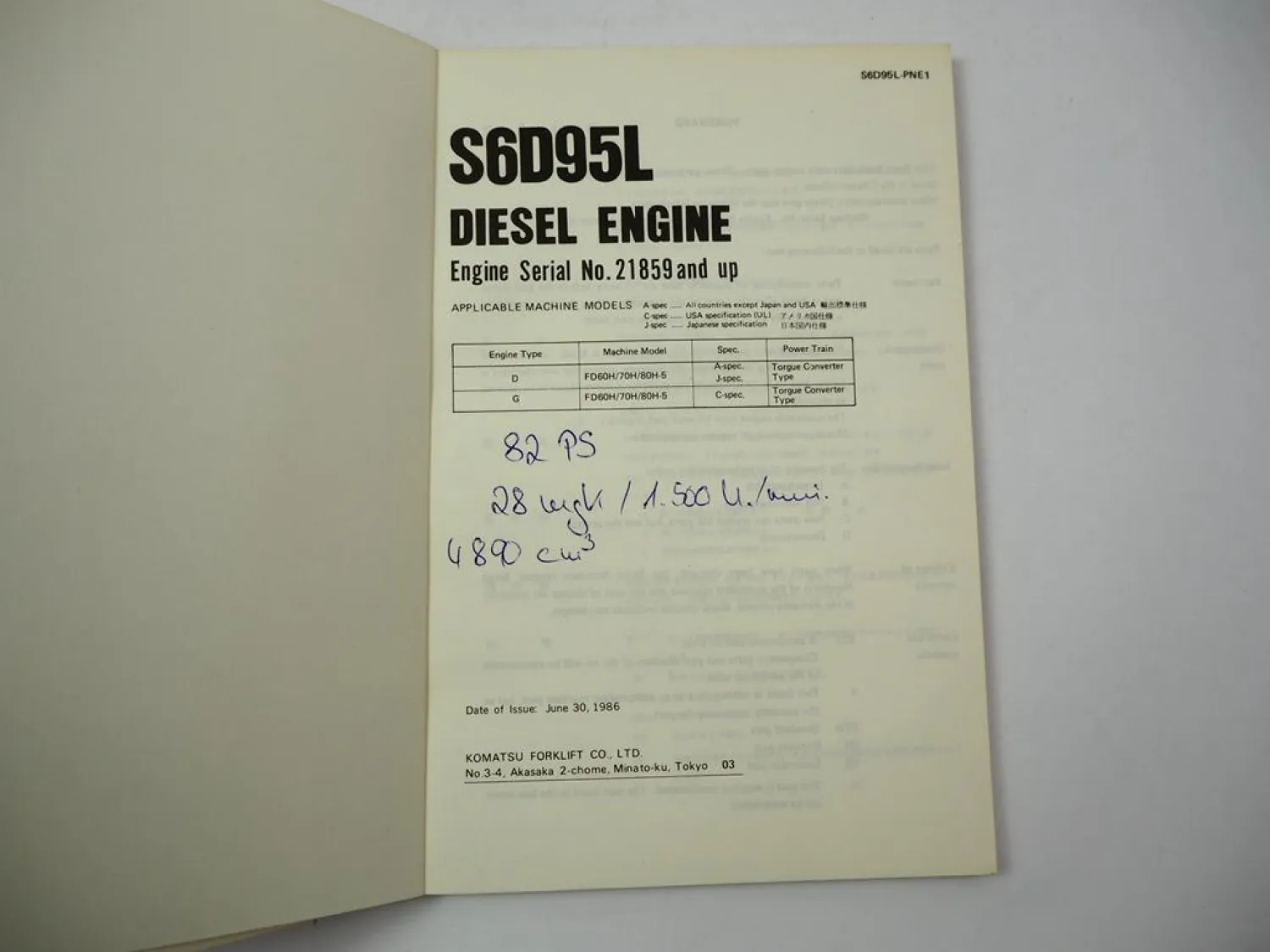 Komatsu S6D95L Diesel Engine FD 60H 70H 80H -5 Forklift Parts Book 1986