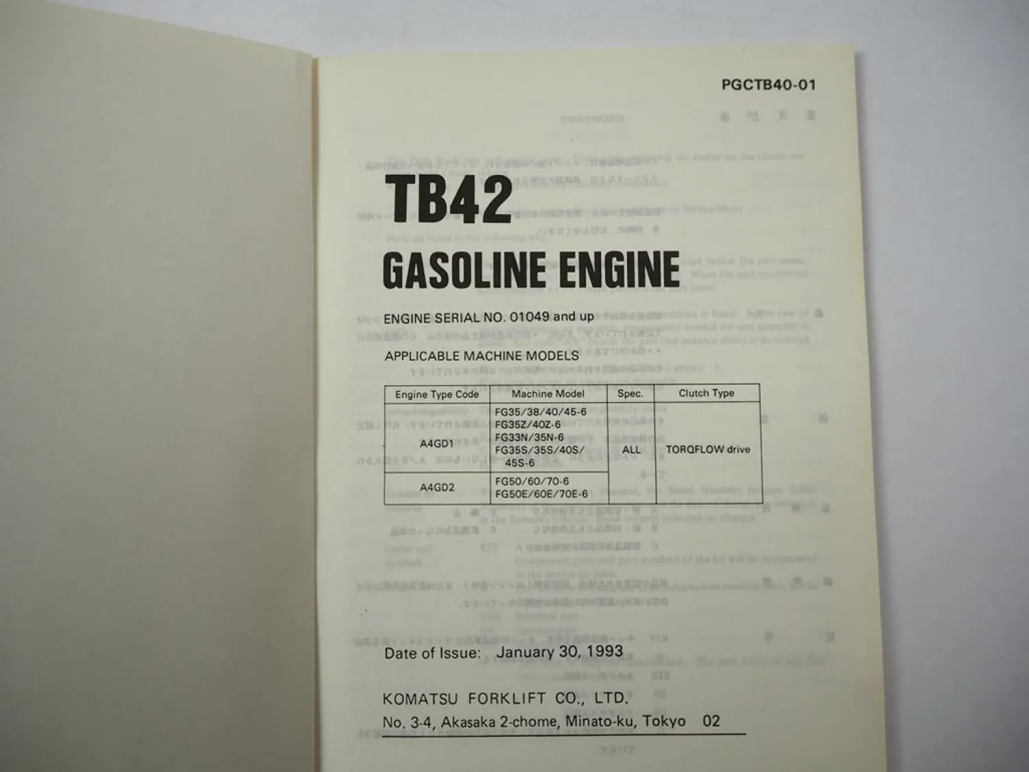 Komatsu TB42 Gasoline Engine FG 10 14 15 18 N L D -15 Forklift Parts Book 1989