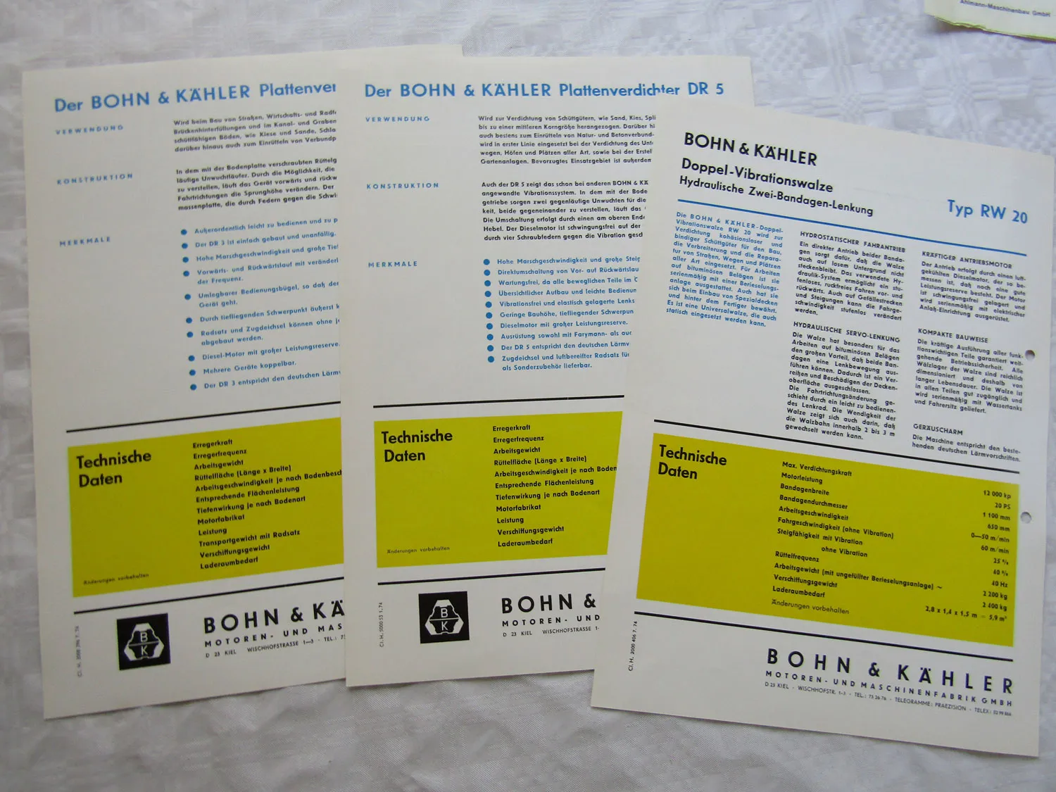 Konvolut Prospekte Bohn & Kähler Technische Daten Preisliste 70er Jahre