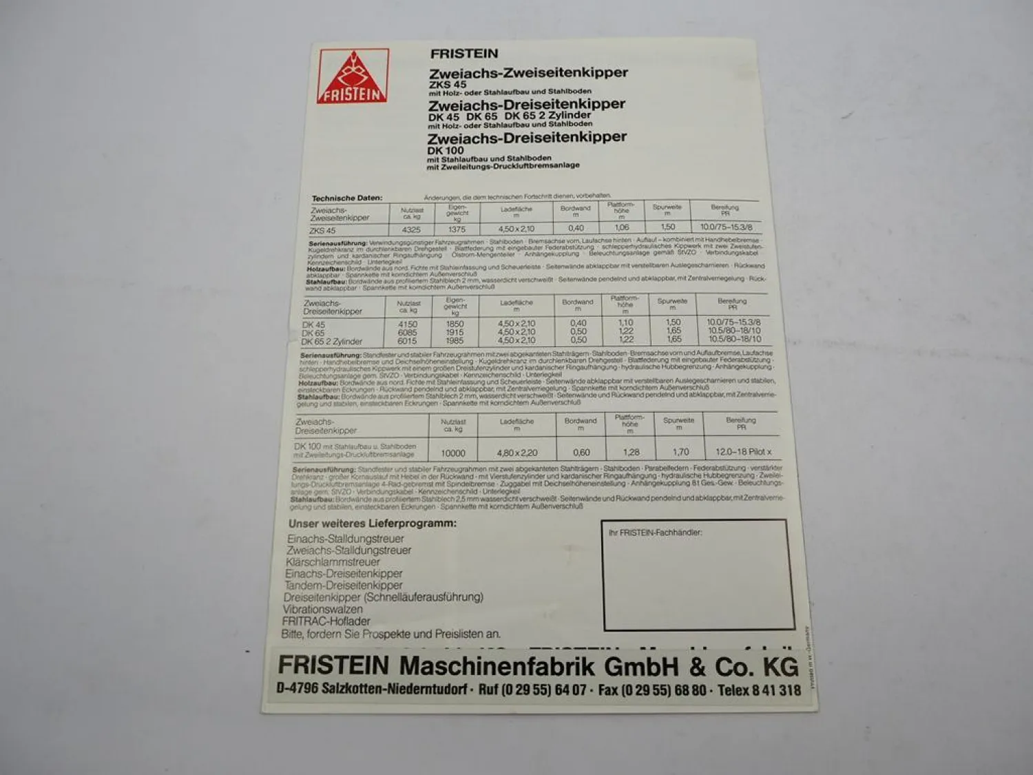 Kopie von Original Prospekt Fristein ZKS DK Zweiachs Kippanhänger ca. 1980er Jahre #1