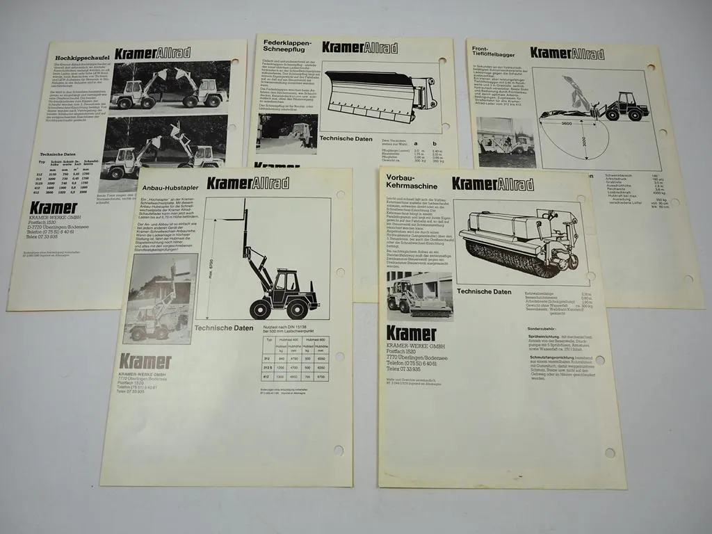 Kramer Allrad Anbaugeräte Stapler Kehrmaschine Schneepflug 5x Prospekt 1979/80