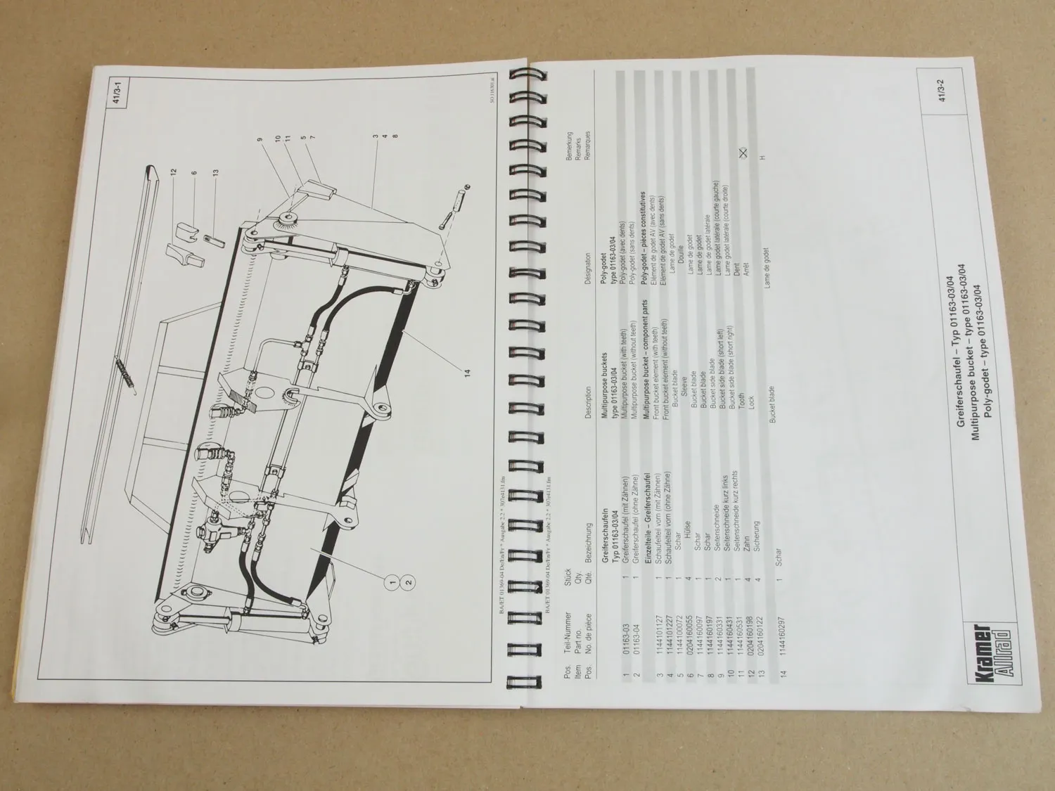 Kramer Allrad Greiferschaufel Bedienungsanleitung Ersatzteilkatalog 10/2001