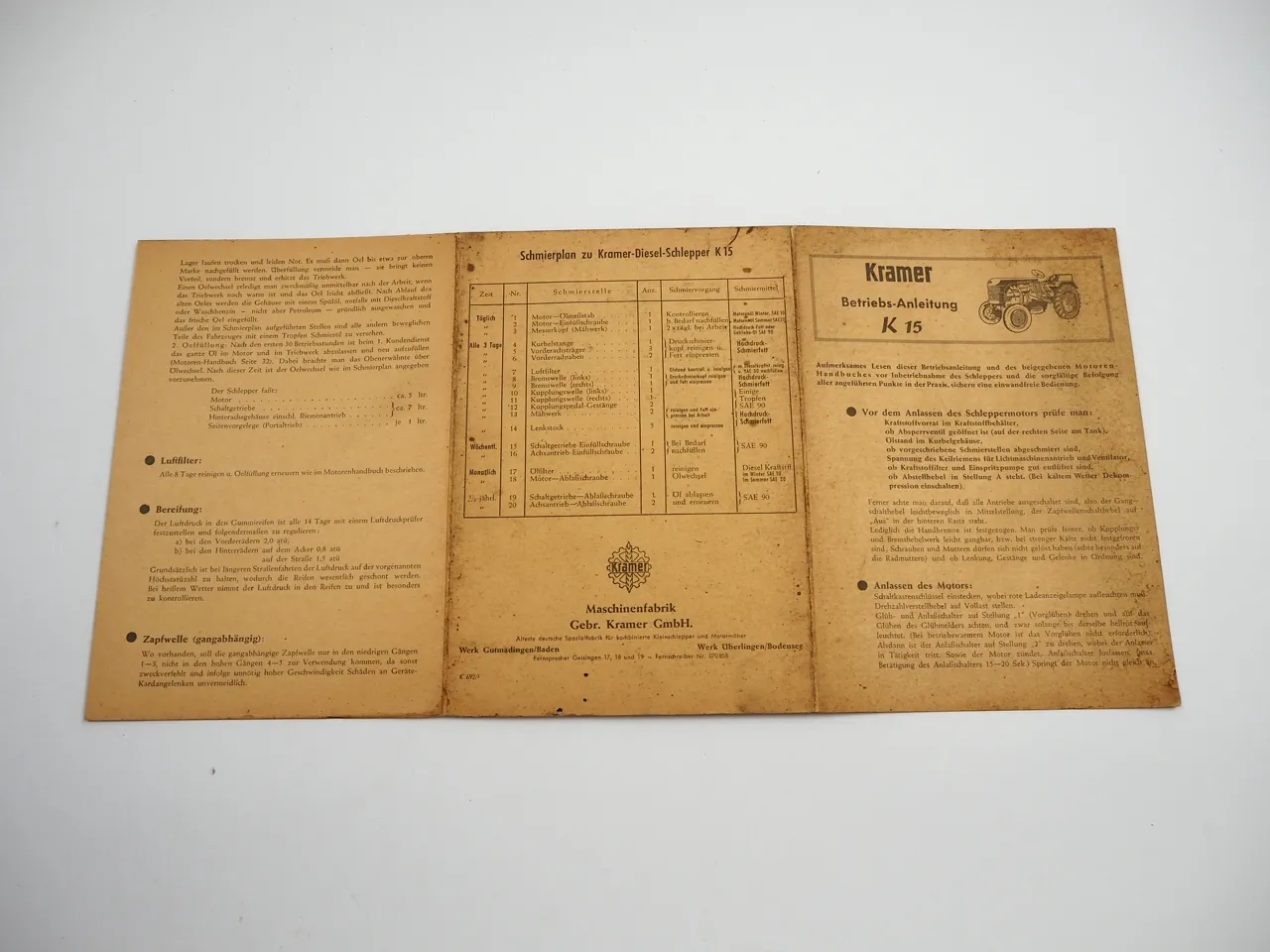 Kramer KL15 Dieselschlepper Bedienungsanleitung Kurzversion Schmierplan