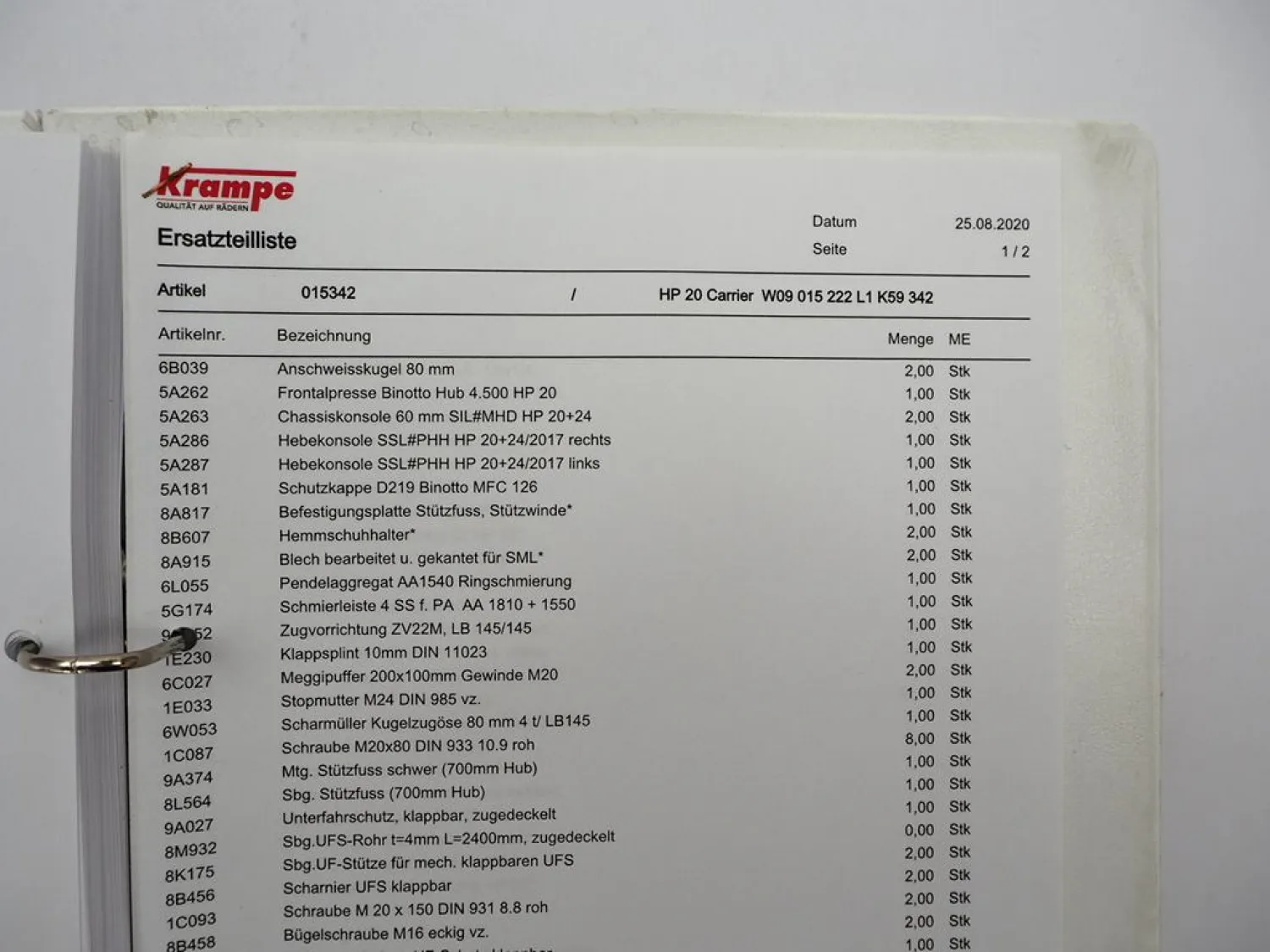 Krampe HP20 Halfpipe Schwerlastkipper Betriebsanleitung Ersatzteilliste 2020
