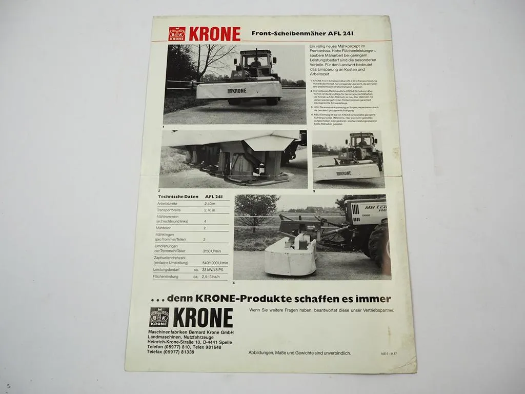 Krone AFL241 Front Scheibenmäher am MB trac 1100 Prospekt 1987