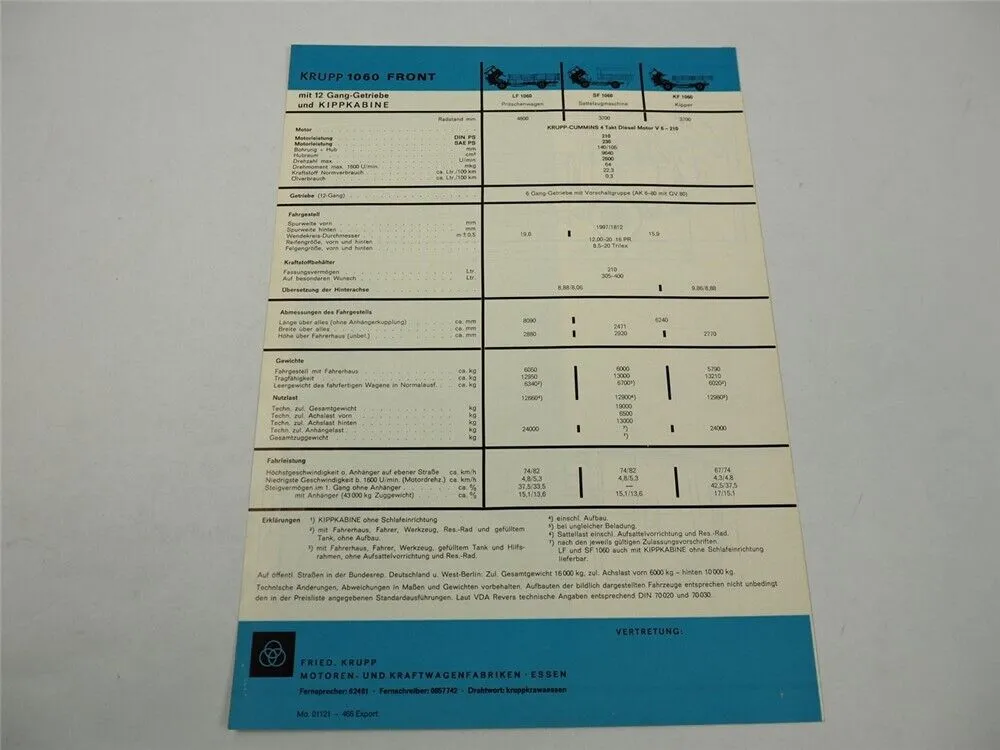 Krupp LF SF KF 1060 LKW 210 PS Pritschenwagen Sattelzug Kipper Prospekt 1966
