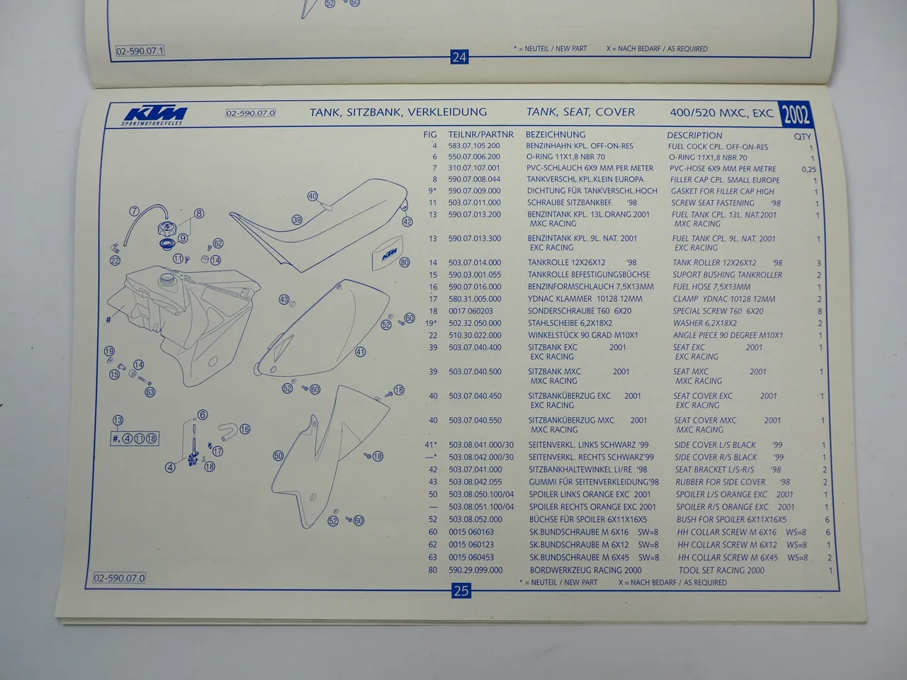 KTM 400 520 SX MXC EXC Racing Motorrad Ersatzteilliste Fahrgestell 2002