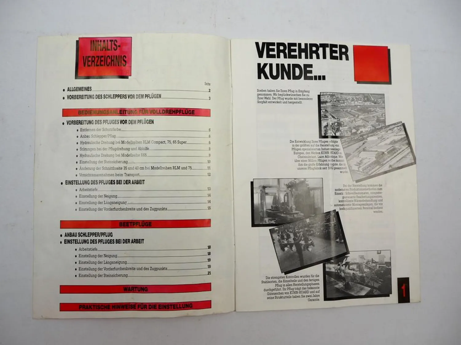 Kuhn Huard Volldrehpflug Beetpflug Betriebsanleitung Bedienungsanleitung