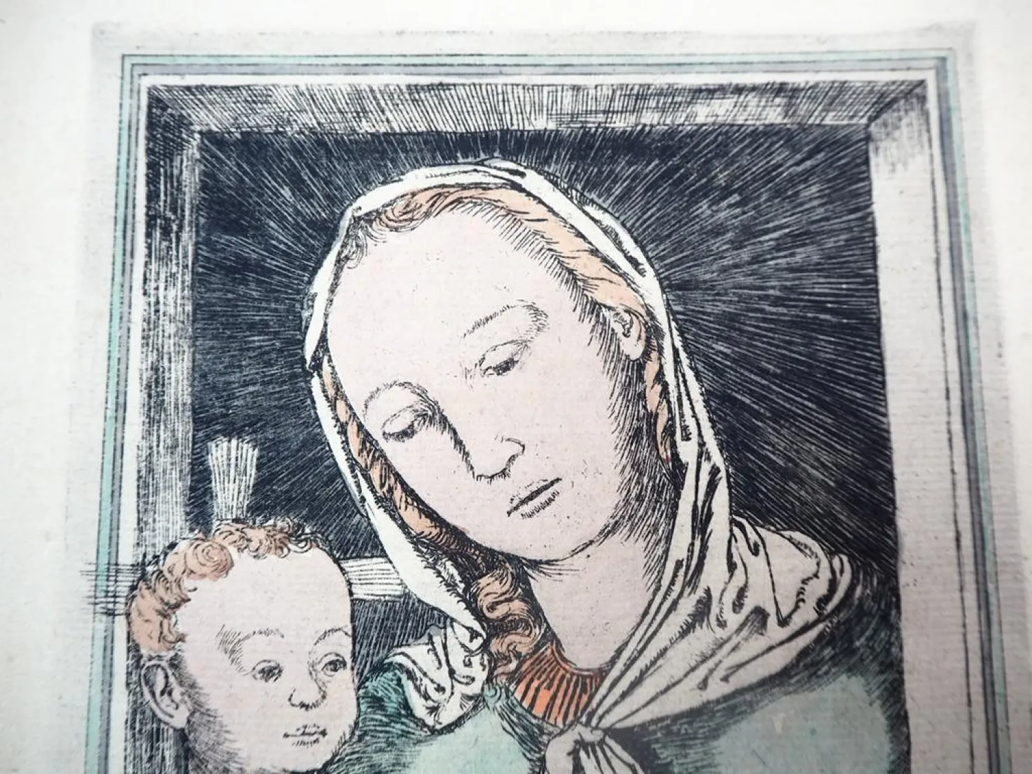 Kupferstich koloriert Maria mit Jesus Kind signiert ca. 1900/40