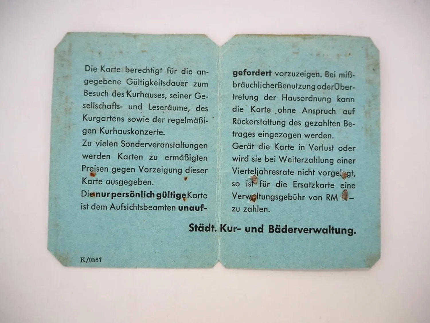 Kurhaus Wiesbaden Einwohner Hauptkarte 19. April 1945 Ausweis Kurkarte