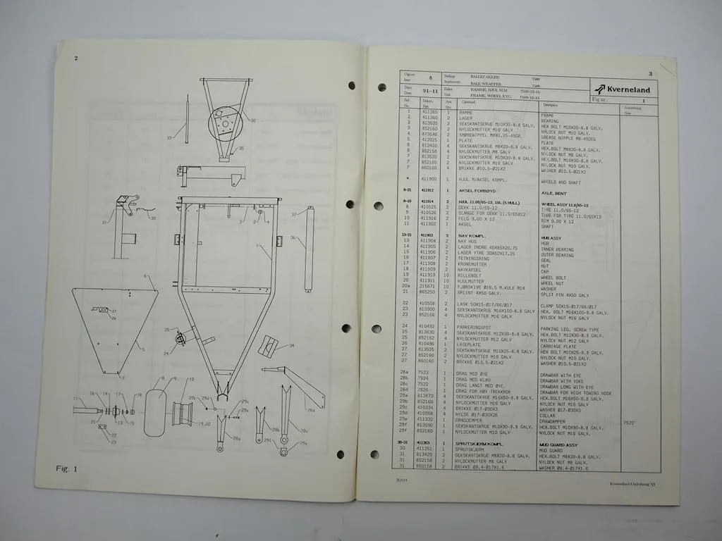 Kverneland 7510 - 7582 Round Bale Wrapper Ersatzteilliste Spare Parts List 1991