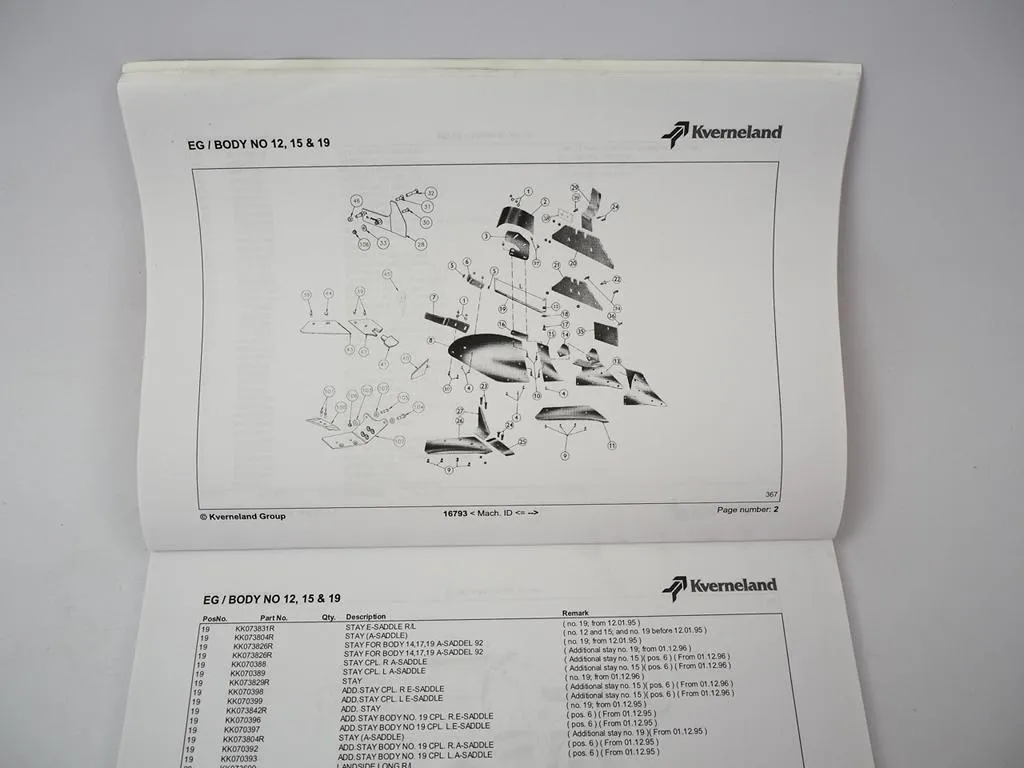 Kverneland EG Reversible Plough Spare Parts List 2016