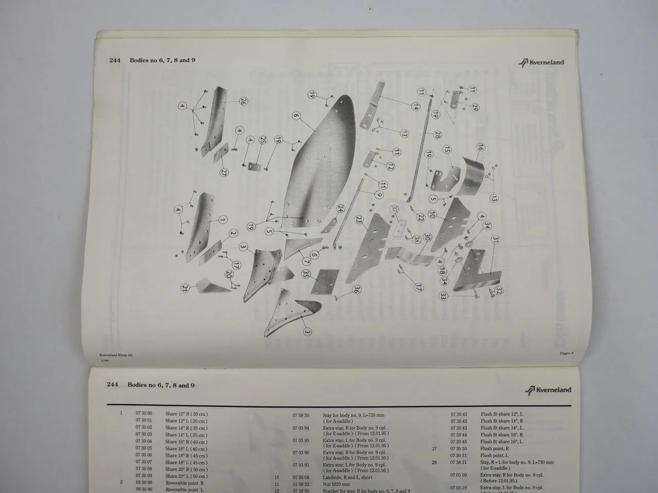 Kverneland Model EM LM Anbaupflug Mounted Plough Ersatzteilliste Parts List 1999