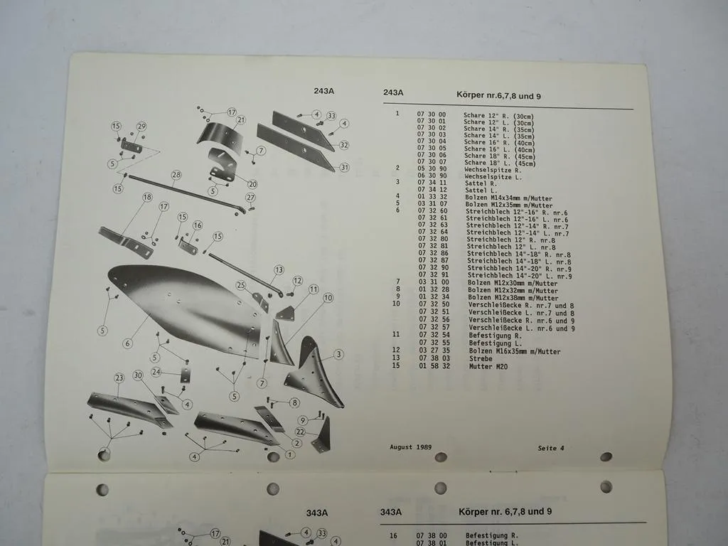 Kverneland Modell VD 120 160 LA Volldrehpflug Ersatzteilliste 1989