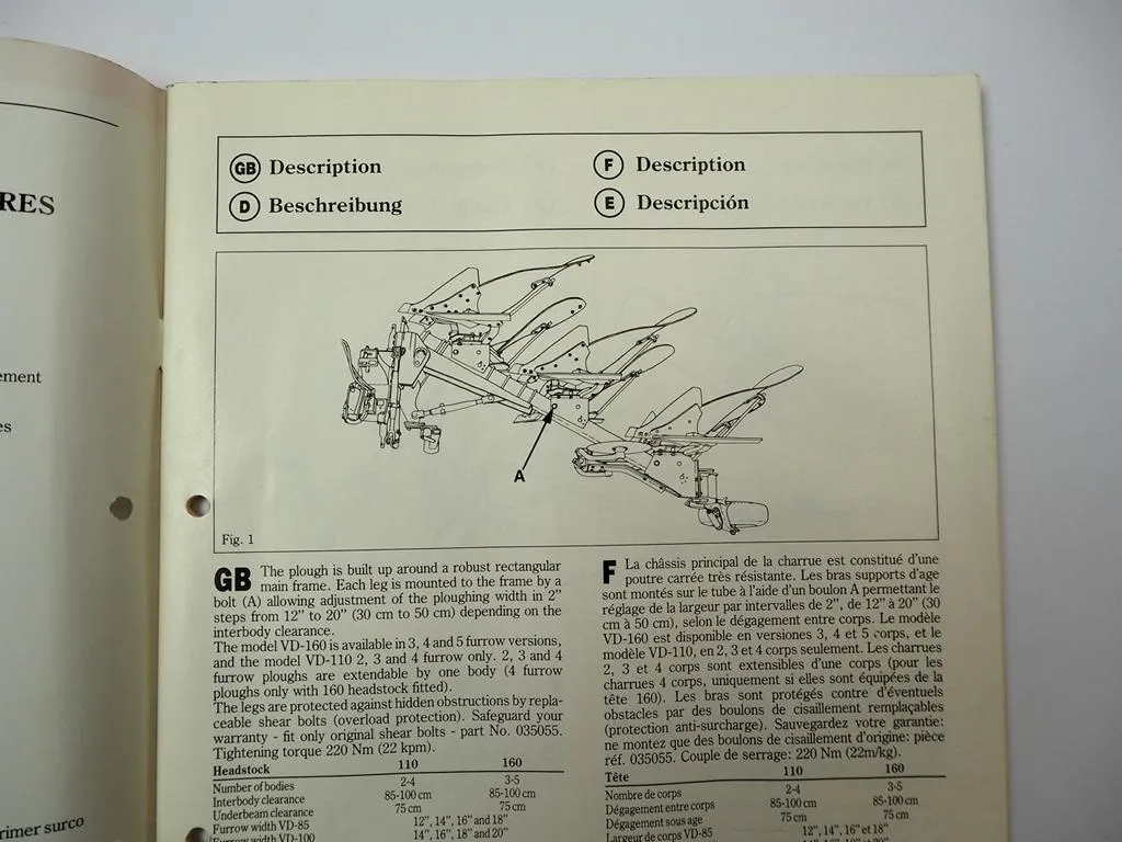 Kverneland Modell VD Volldrehpflug Betriebsanleitung Ersatzteilliste 1990/91
